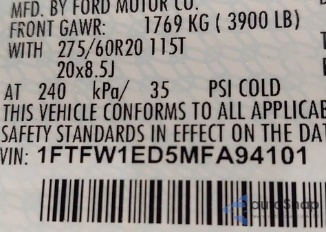 2021 Ford F-150 Lariat z USA, uszkodzony, nr VIN 1FTFW1ED5MFA94101